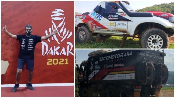 Antonio Tárraga y dos de los vehículos participantes en el Rally Dakar