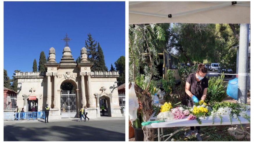 Entrada al cementerio Nuestro Padre Jesús de Murcia y puesto de venta de flores