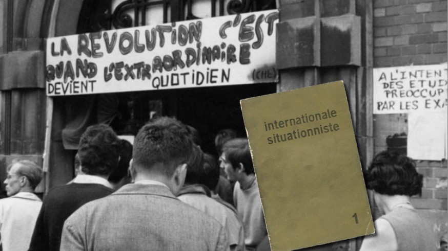 Manifestantes de Mayo del 68 y ejemplar de la Internacional Situacionista