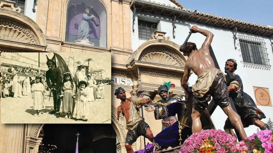 Paso de la procesión de los Salzillos de Viernes Santo de Murcia y foto antigua del diablo del Domingo de Resurrección