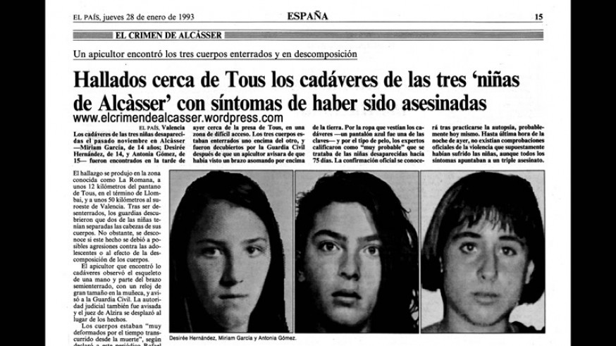 Noticia de El País con la aparición de los cadáveres de las niñas de Alcásser