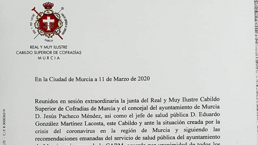 Suspendidos los actos del Cabildo de Cofradías de Semana Santa en Murcia hasta el 31 de marzo