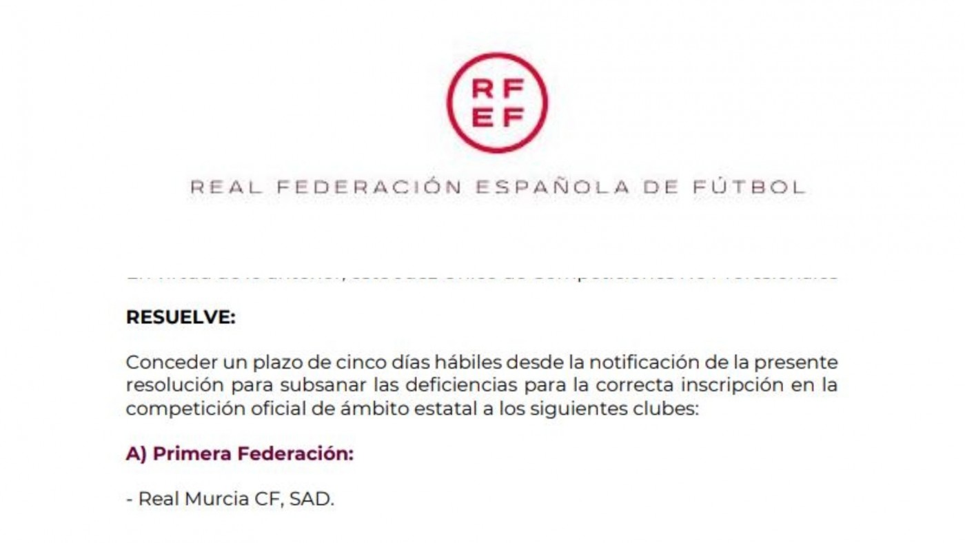 La RFEF sigue sin inscribir al Real Murcia en Primera Federación 