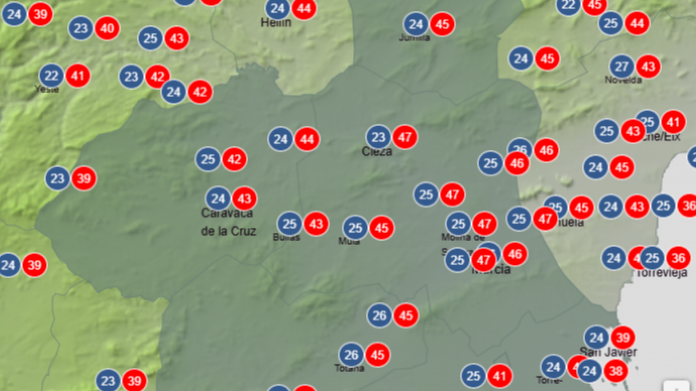 Previsión de 47º de temperatura el jueves 23 de julio en la Región de Murcia