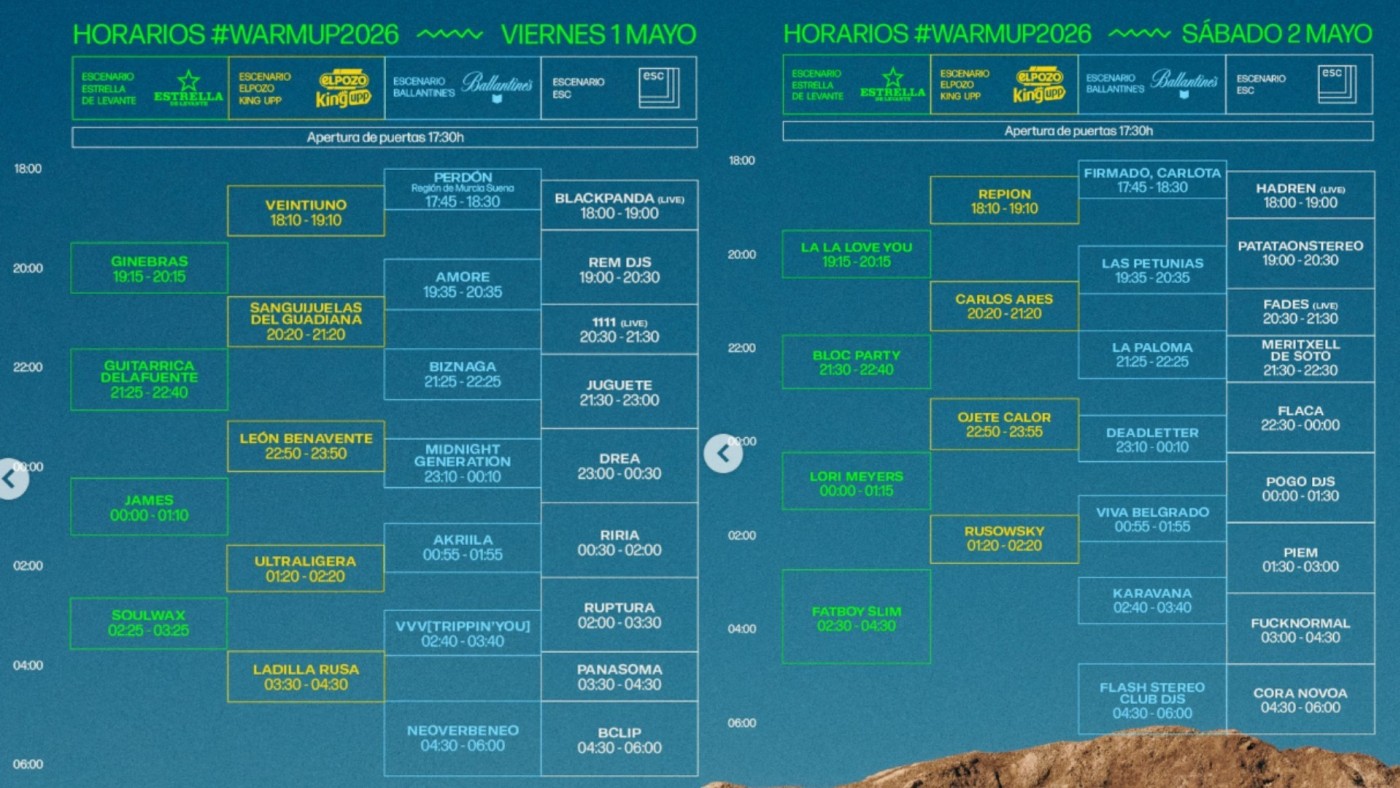 Estos son los horarios de los conciertos del Warm UP 2026