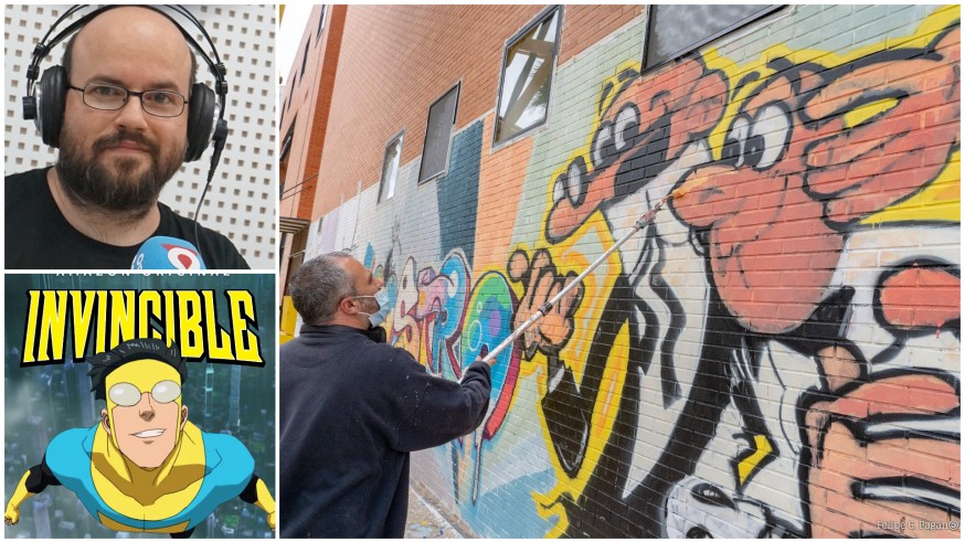 Antonio G. Caballer, cartel de 'Invencible' y Raúl Estal trabajando en el mural homenaje a Ibáñez