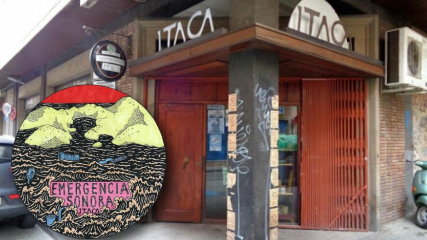 Fachada de Cafetería Ítaca en Murcia y logotipo de la iniciativa 'Emergencia Sonora: Ítaca'