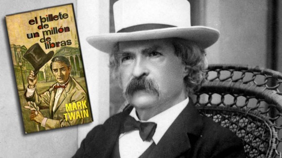 Retrato de Mark Twain y portada de 'El billete de un millón de libras'