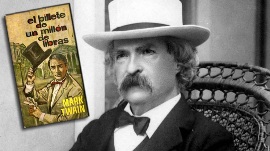Retrato de Mark Twain y portada de 'El billete de un millón de libras'