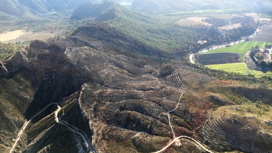 Imagen aérea de la superficie afectada en el incendio del mes pasado en la zona del Cenajo.