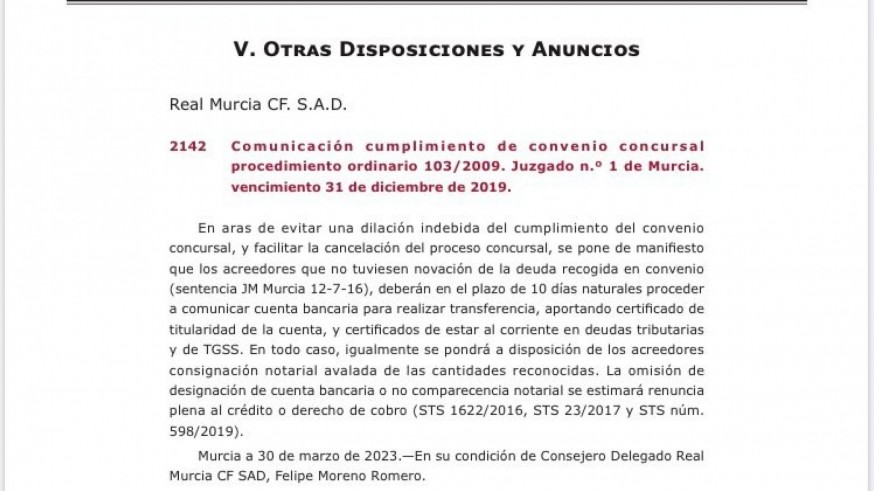 Felipe Moreno acelera para cerrar el concurso de acreedores del Murcia
