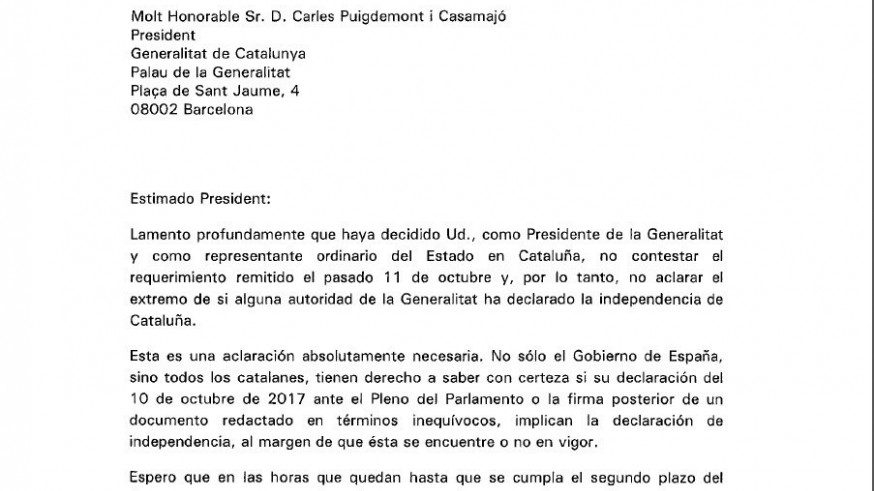 Carta enviada por Rajoy a Puigdemont