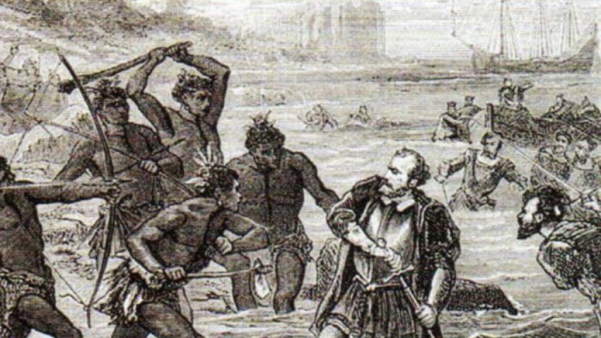Muerte de Magallanes en la batalla de Mactán (grabado del siglo xix). Foto Wikipedia