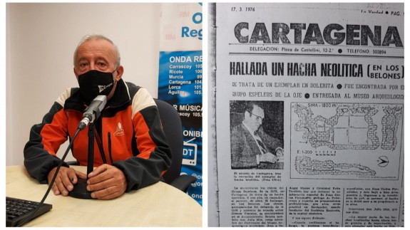 Salvador Inglés junto a una imagen del diario La Verdad donde se recogía el hallazgo del hacha neolítica