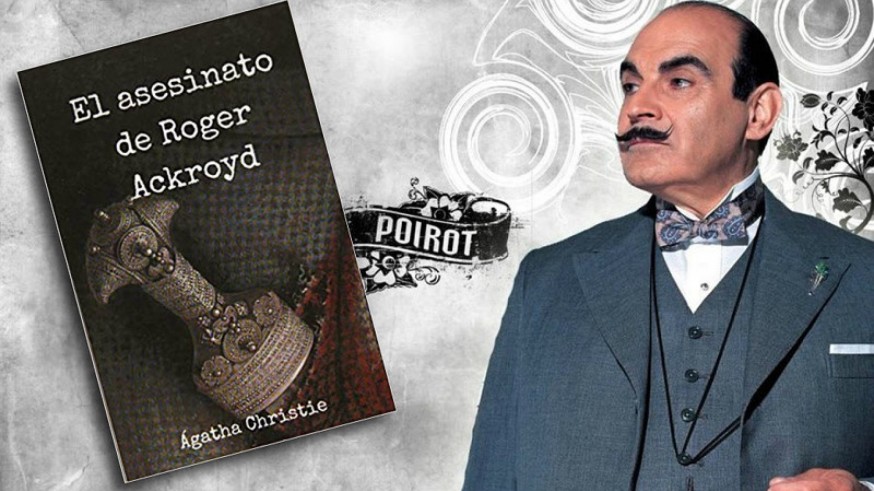 Hércules Poirot y portada de 'El asesinato de Roger Ackroyd'