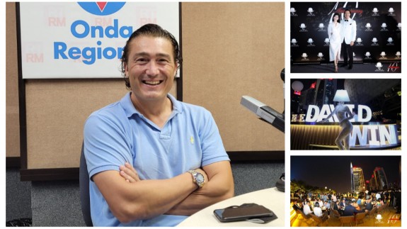 David Hernández en Onda Regional junto a varias imágenes de la fiesta X Aniversario de su marca 'DavidWine' 