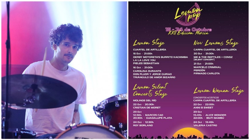 Juan Pedrayes, batería de Carolina Durante, y cartel del Festival Lemon Pop 2021