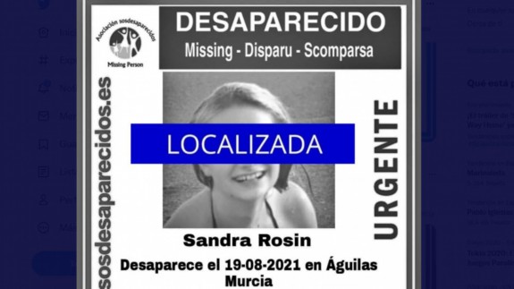 Cartel desactivando la búsqueda de la niña que desapareció en Águilas. SOS DESAPARECIDOS