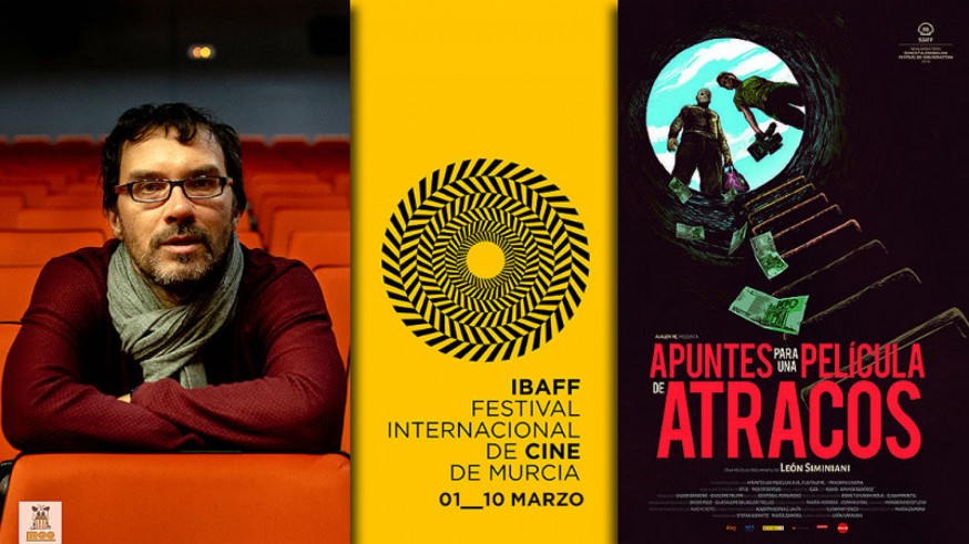 El director Elías León Siminiani, logotipo del festival IBAFF y cartel de la película 'Apuntes para una película de atracos'