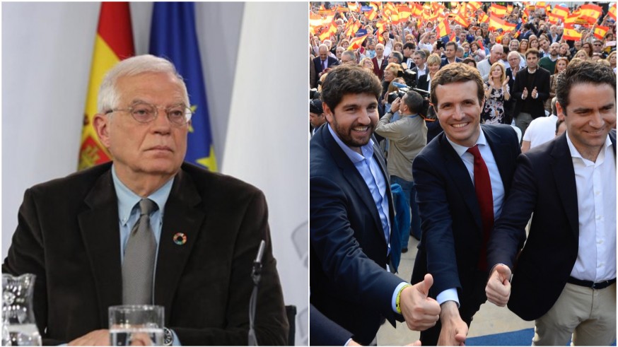 Borrell a la izquierda, y Casado en un acto de campaña en Murcia en las recientes generales