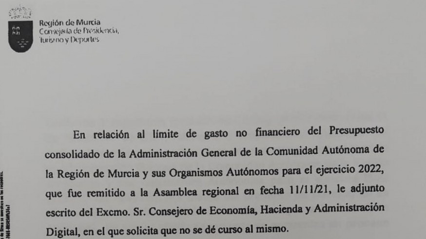 El Gobierno retira de la Asamblea Regional el techo de gasto aprobado ayer en Consejo de Gobierno