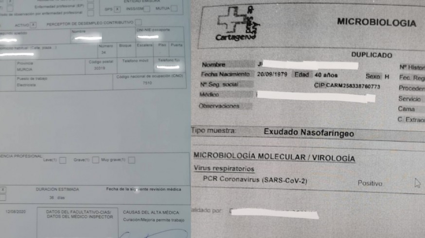 Documentación del trabajador con su alta médica y el positivo por COVID