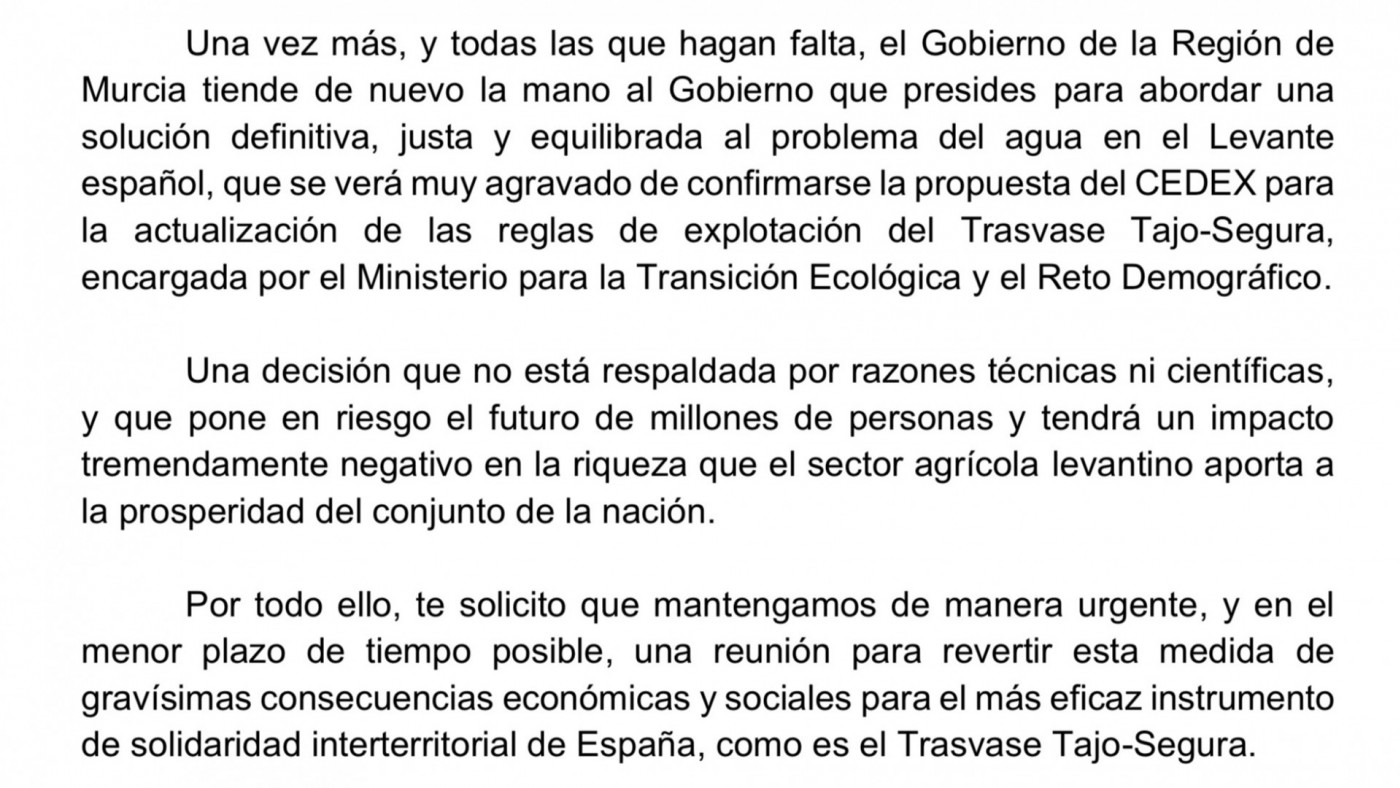 Carta de López Miras a Pedro Sánchez: "Te reitero mi petición de mantener cuanto antes una reunión" 