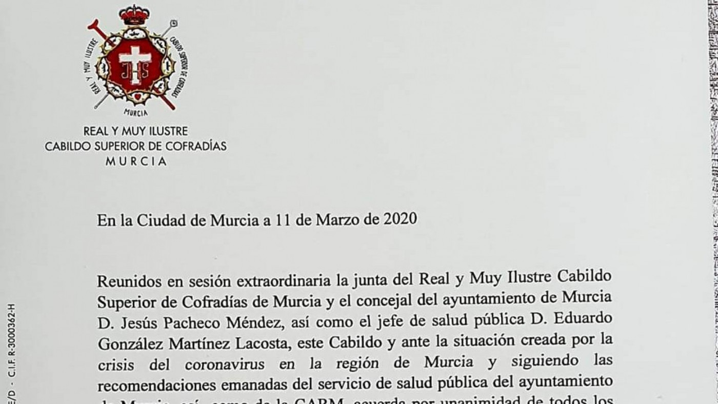 Suspendidos los actos del Cabildo de Cofradías de Semana Santa en Murcia hasta el 31 de marzo